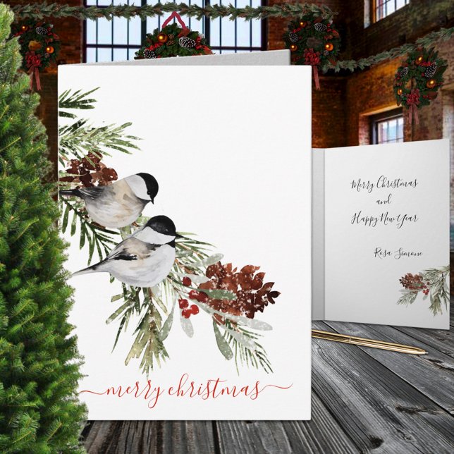 Cartão De Festividades Pinheiros de inverno Feliz Natal (Winter Chickadees Pine Berries Merry Christmas Holiday Card: watercolour-painted on all 4 sides)