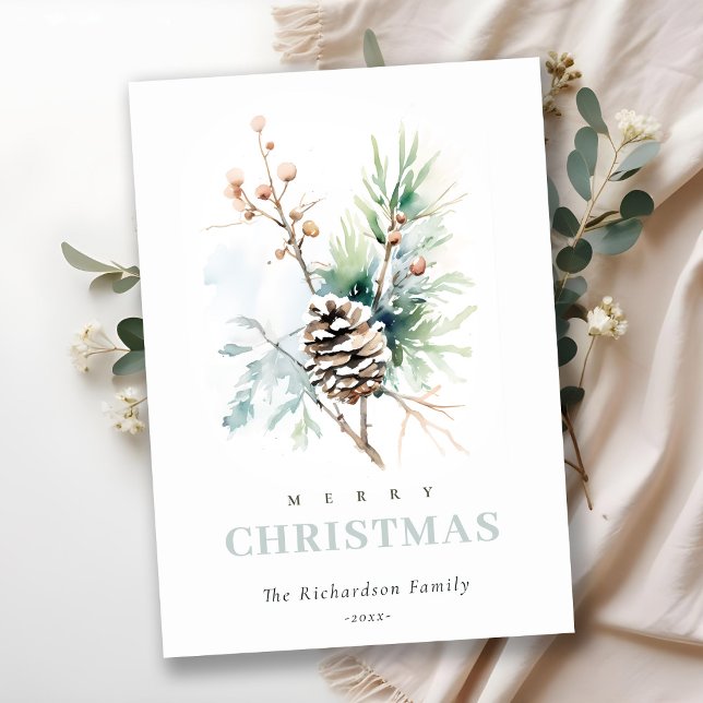 Cartão De Festividades Pinho Aguarela Inverno Bagas Natal (Criador carregado)