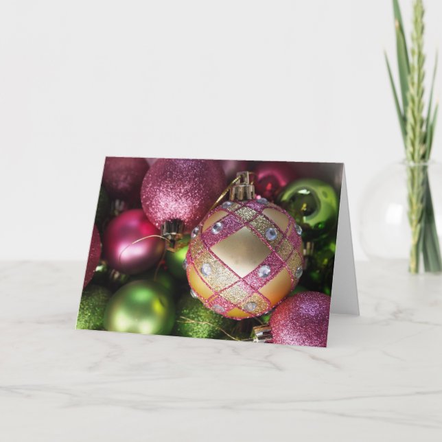 Cartão De Festividades Pink and Green Bling Ornament Blank Christmas Card (Frente)