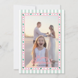 Cartão De Festividades Pink and Green Holly Leaves Border Family Photo