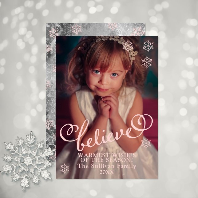 Cartão De Festividades Pink Blush | Foto de Natal em Flocos de Neve (Warmest Wishes of the Season with this pink script text and snowflake "Believe" holiday photo card.)