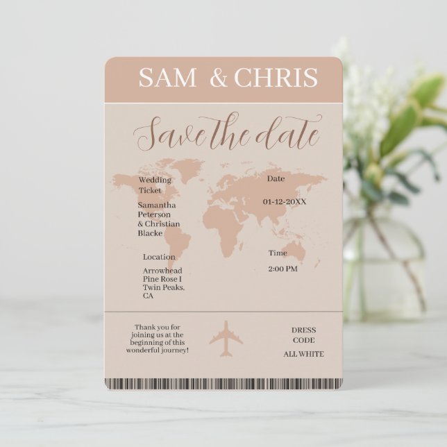 Cartão De Festividades Pink Boarding Pass Wedding Invitation Map (Em pé/Frente)