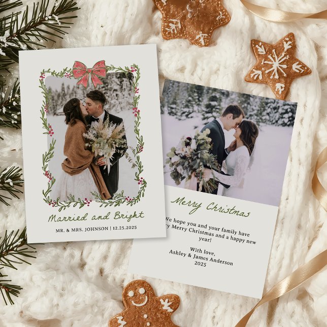 Cartão De Festividades Pink Bow Photo Married and Bright Holiday Card (Criador carregado)