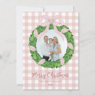 Cartão De Festividades Pink Bow Wreath Christmas Photo Holiday Card