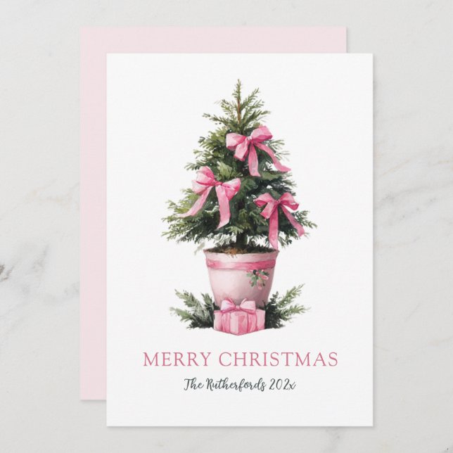 Cartão De Festividades Pink Bows Merry Christmas Tree Card (Frente/Verso)