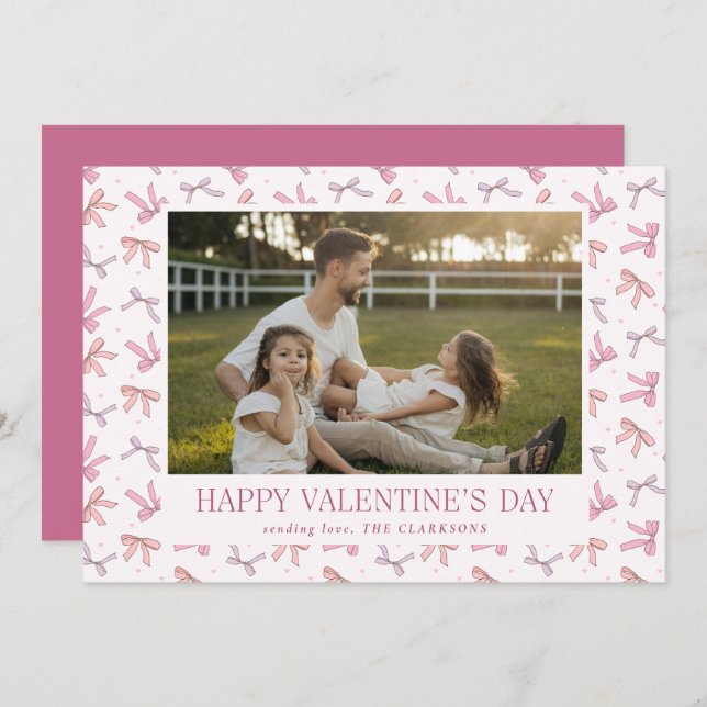 Cartão De Festividades Pink Bows One Photo Valentine’s Day Card (Frente/Verso)
