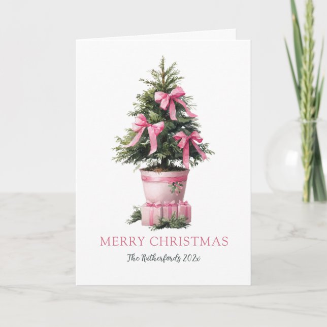 Cartão De Festividades Pink Bows Tree Merry Christmas Card (Frente)