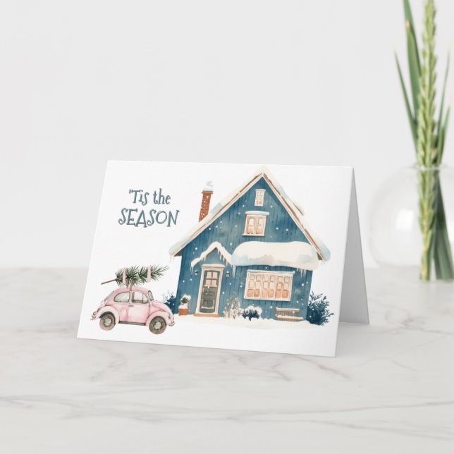 Cartão De Festividades Pink Bug Car Brings the Tree Christmas (Frente)