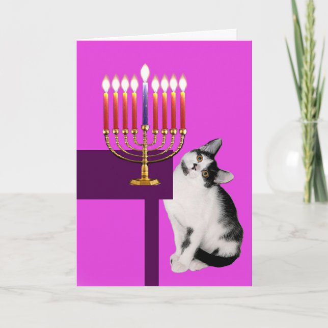 Cartão De Festividades Pink Cat and Menorah Hanukkah Card (Frente)