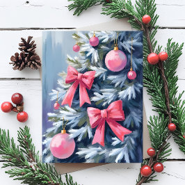 Cartão De Festividades Pink Christmas Tree | Bows Ornaments Watercolor