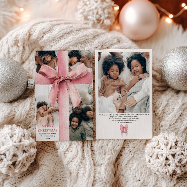 Cartão De Festividades Pink Coquette Bow Christmas Winter 5 Photo (Pink Coquette Bow Christmas Winter 5 Photo Holiday Card)