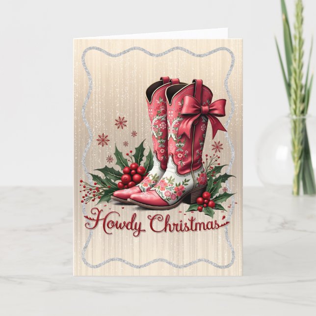 Cartão De Festividades Pink Cowboy Boots with Holly (Frente)