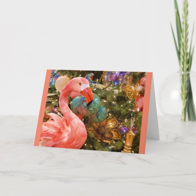 Cartão De Festividades Pink Flamingo Christmas Holiday Greeting Card (Frente)