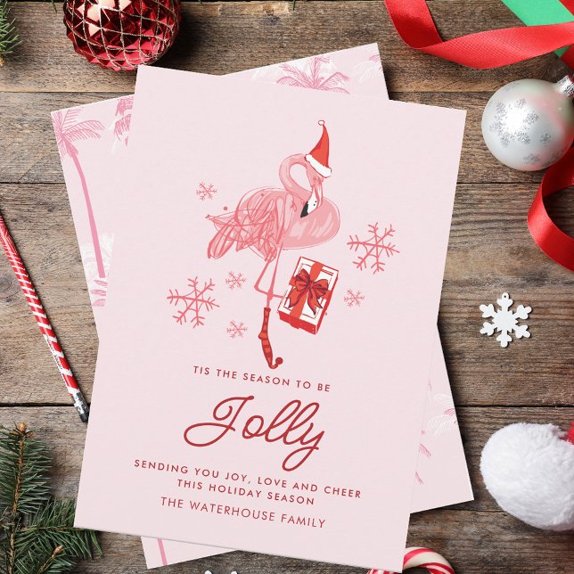 Cartão De Festividades Pink Flamingo Script Tropical Beach Natal (Pink Flamingo Script Tropical Beach Christmas Holiday Card)