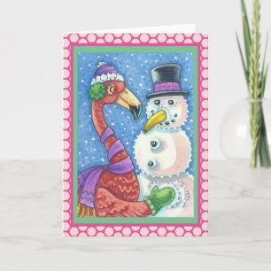 Cartão De Festividades PINK FLAMINGO SNOWMAN HOLIDAY GREETING CARD Verse
