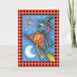 CARTÃO DE FESTIVIDADES PINK FLAMINGO WITCH, VOANDO SOBRE A LUA EM UM QUAR
