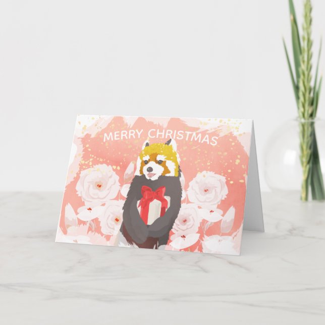 Cartão De Festividades Pink Floral Red Panda Gold Glitter Christmas Card (Frente)