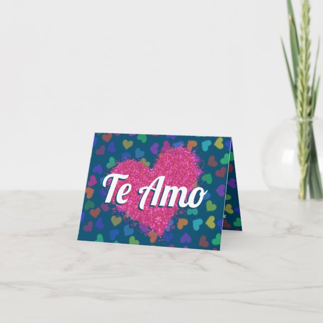 Cartão De Festividades Pink Glitter Heart Te Amo Typography (Frente)