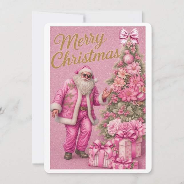 Cartão De Festividades Pink Glitter Santa & Christmas Tree Holiday Card (Frente)