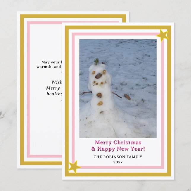 Cartão De Festividades Pink Gold Stars Little Snowman INSERT PHOTO (Frente/Verso)