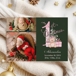 Cartão De Festividades Pink Green Baby First Christmas 2 Photo