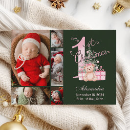 Cartão De Festividades Pink Green Baby First Christmas 5 Photo