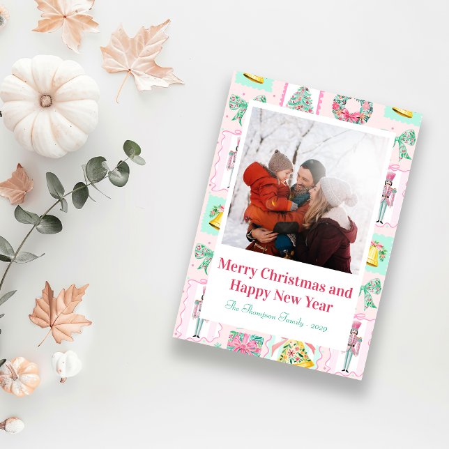 Cartão De Festividades Pink & Green Nutcracker Custom Christmas Photo  (Pink & Green Nutcracker Custom Christmas Photo Holiday Card)