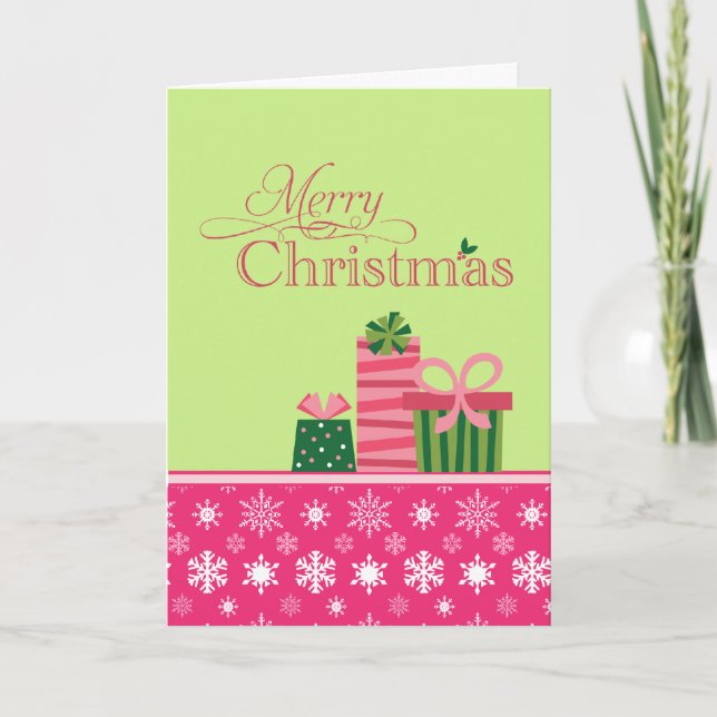 Cartão De Festividades Pink green whimsical presents christmas card (Frente)
