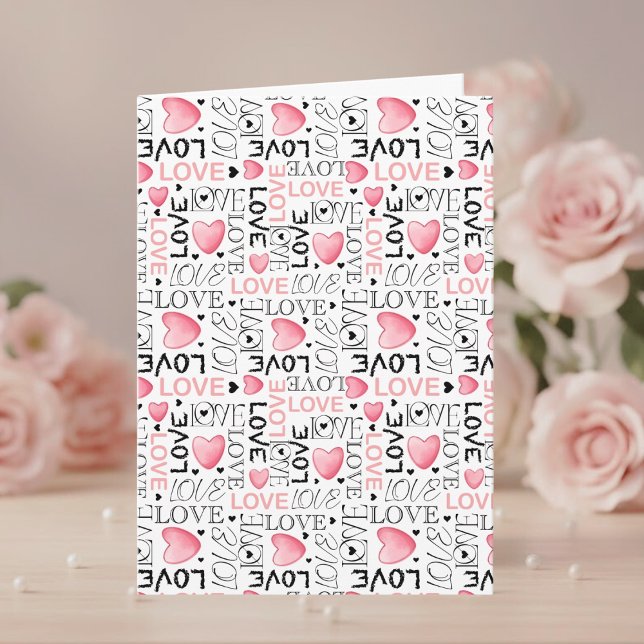 Cartão De Festividades Pink Hearts Love Script Pattern Happy Valentine's  (Criador carregado)