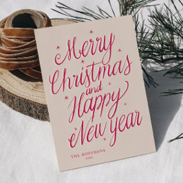 Cartão De Festividades Pink Merry Christmas and Happy New Year signature