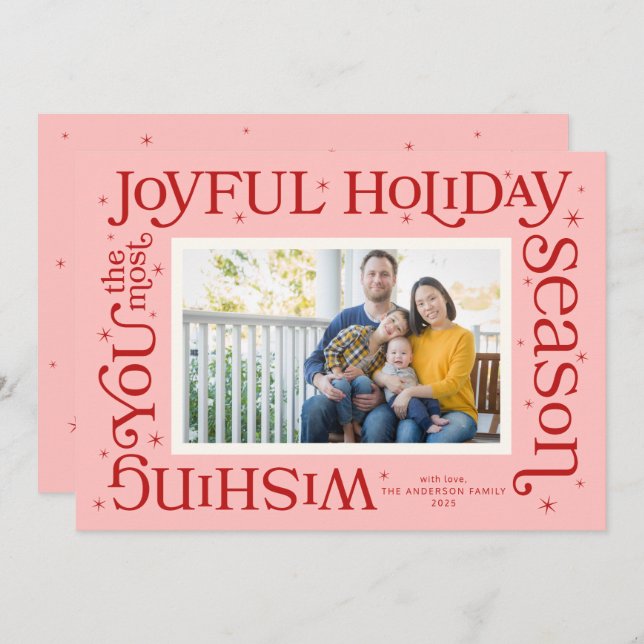 Cartão De Festividades Pink Most Joyful Holiday Season Holiday Card (Frente/Verso)
