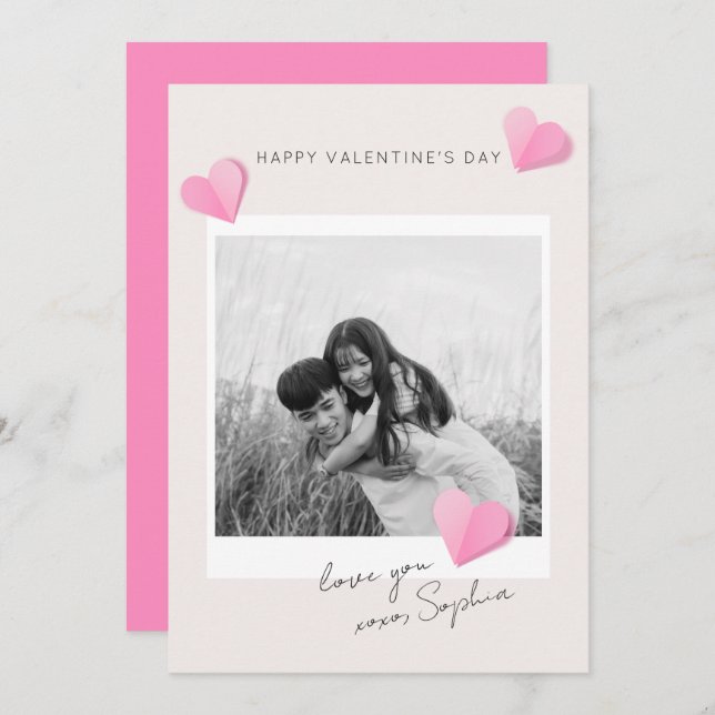 Cartão De Festividades Pink Paper Hearts Photo Love XOXO Valentine's Day (Frente/Verso)