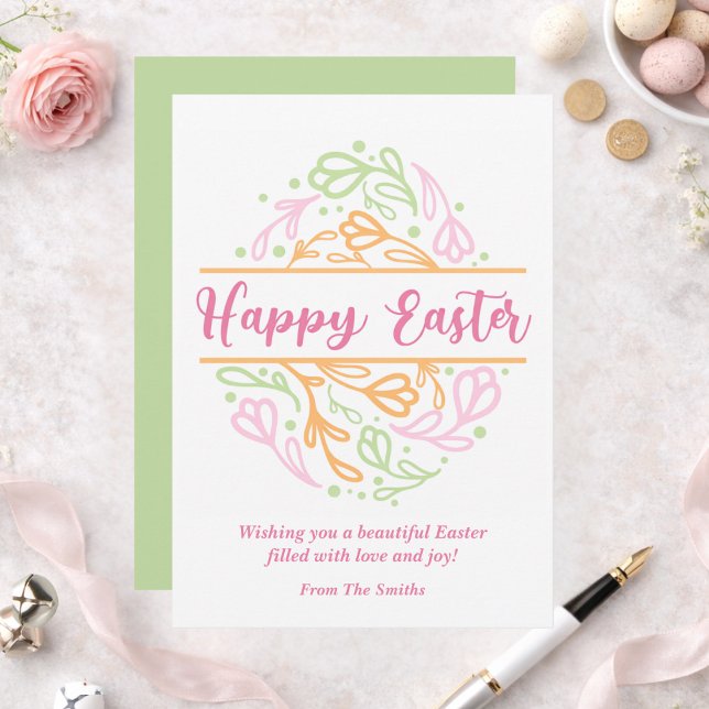 Cartão De Festividades Pink Pastel Floral Easter Egg Happy Easter Card (Criador carregado)