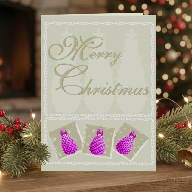Cartão De Festividades Pink Pine Cone Christmas Photo Folded Holiday Card (Pink pine cones with bows for a little something different. Change the message inside.)