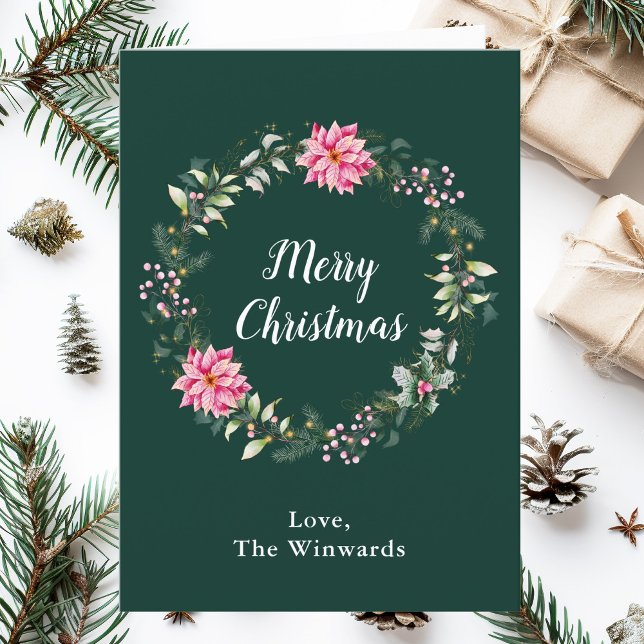 Cartão De Festividades Pink Poinsettia Wreath Feliz Natal (Criador carregado)