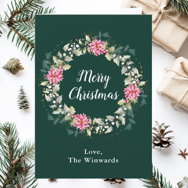 Cartão De Festividades Pink Poinsettia Wreath Feliz Natal (Criador carregado)
