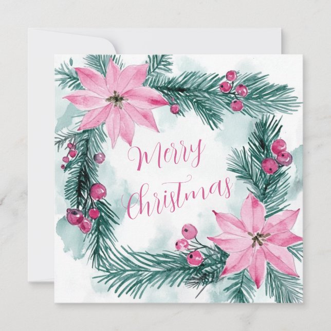Cartão De Festividades Pink Poinsettias Floral Christmas Card (Frente)