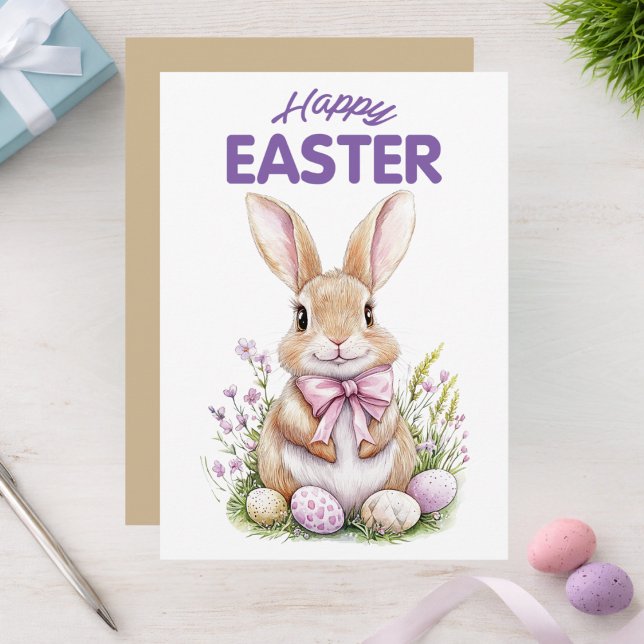 Cartão De Festividades Pink Purple Easter Bunny Floral Happy Easter Card (Criador carregado)