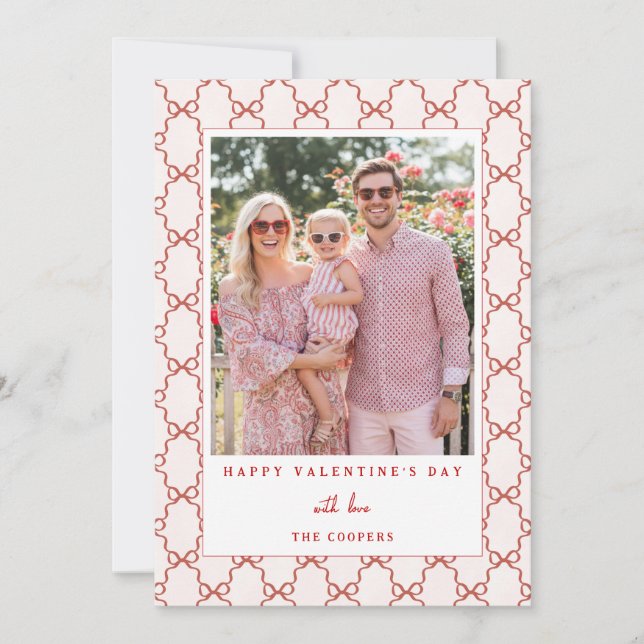 Cartão De Festividades Pink Red Bow Happy Valentine's Day Photo Card (Frente)