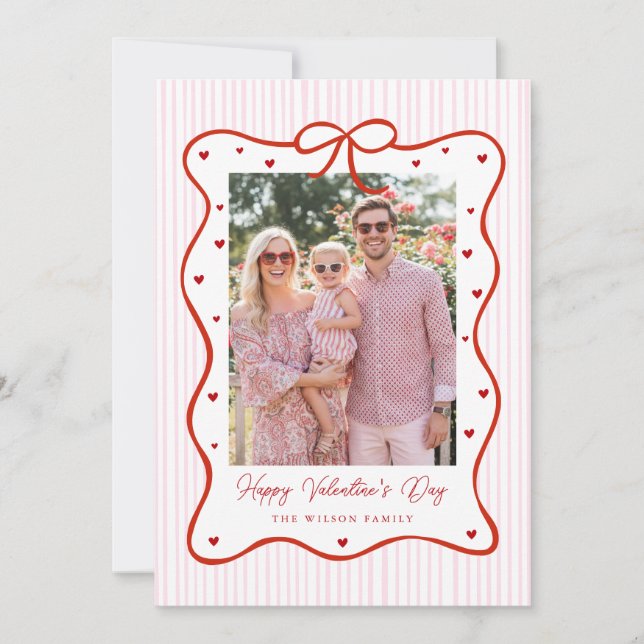 Cartão De Festividades Pink Red Bow Love Happy Valentine's Day Photo Card (Frente)