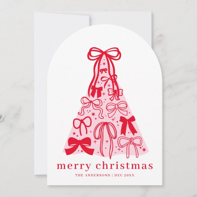 Cartão De Festividades Pink Red Coquette Bow Merry Christmas Holiday Card (Frente)