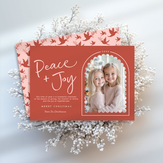 Cartão De Festividades Pink Red Modern Arch Peace Joy Foto Natal (Shown on a 5" x 7" card (front and back))