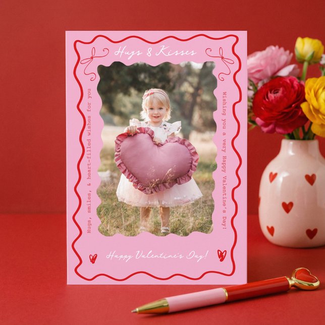 Cartão De Festividades Pink Red Retro Wavy Scribble Child Photo Valentine (Pink Red Retro Wavy Scribble Child Photo Valentine Holiday Card)