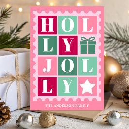 Cartão De Festividades Pink Retro Holly Jolly Christmas Postage Stamp