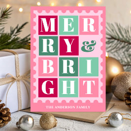 Cartão De Festividades Pink Retro Merry & Bright Christmas Postage Stamp