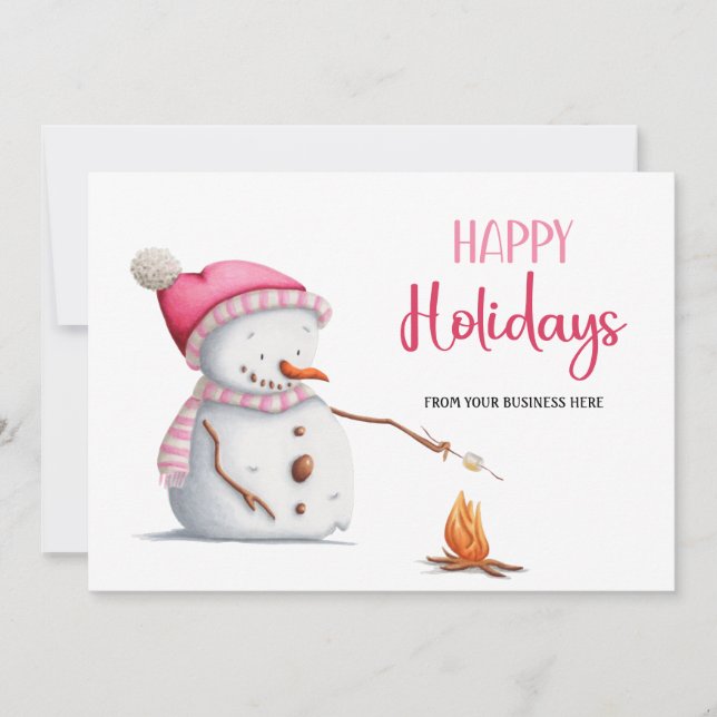 Cartão De Festividades Pink Snowman Marshmallows Happy Holidays Business (Frente)