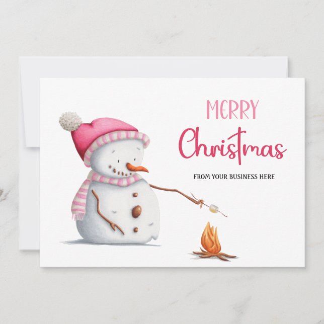 Cartão De Festividades Pink Snowman Marshmallows Merry Christmas Business (Frente)