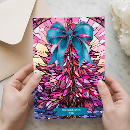 Cartão De Festividades Pink stained glass coquette bow christmas tree