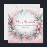 Cartão De Festividades Pink Winter Frame Christmas<br><div class="desc">Uma bela coroa de Natal rosa adornada com Poinsettia rosa e cones de pinho</div>