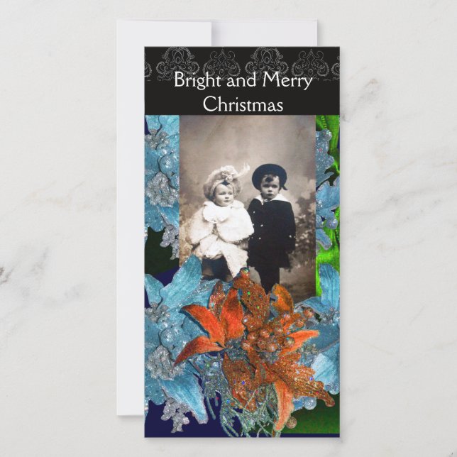 CARTÃO DE FESTIVIDADES PINSETAS AZUIS VERMELHAS, ESTRELAS DE NATAL EM ESP (Frente)